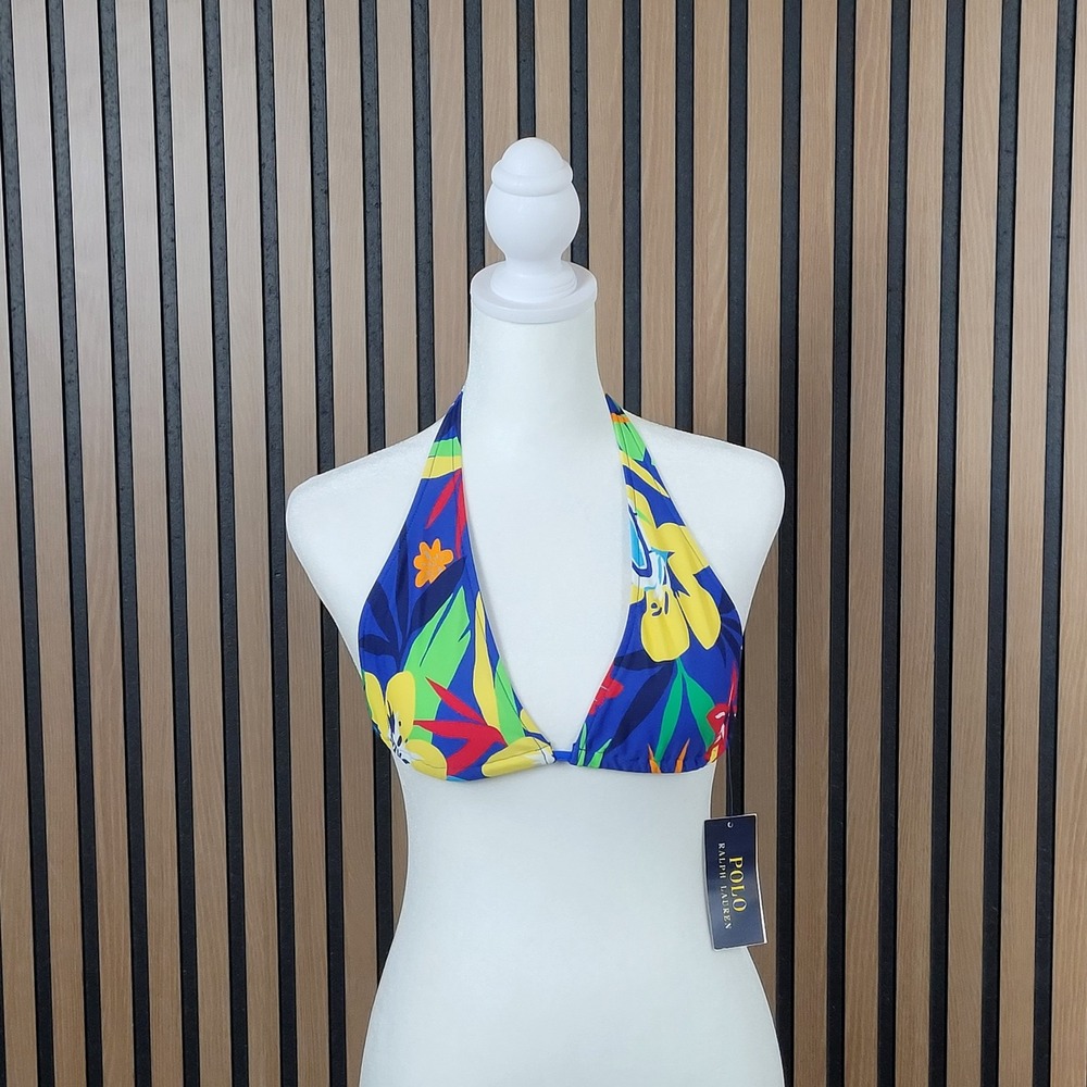 Polo Ralph Lauren Bikini Top Girls 12 Blue Multi Tropical Floral Halter - NWT